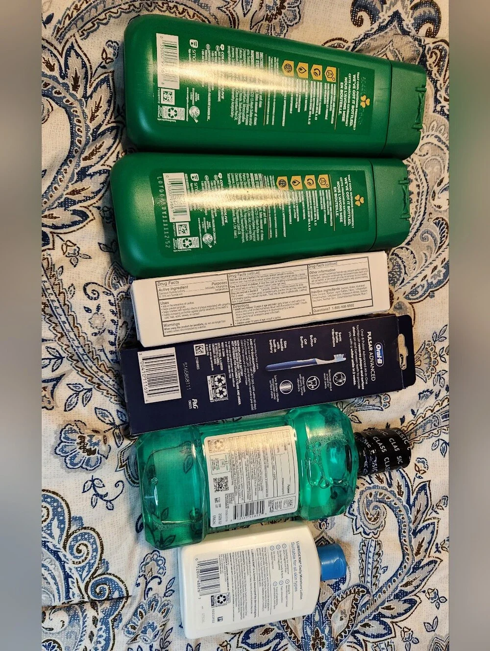 Selfcare Bundle. Listerine, Lubriderm, OralB Electric Toothbrush, Irish Spring.